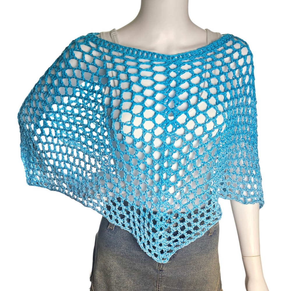 Handmade Crochet Shawl Women Teal Ombre Cotton‎ Boho Poncho